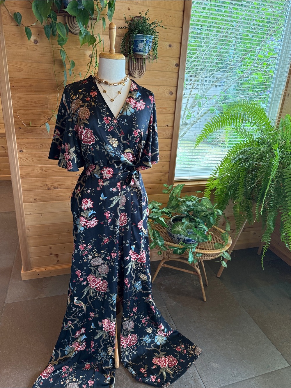 H&M Black Floral Wrap Jumpsuit with Pink & Green Accents